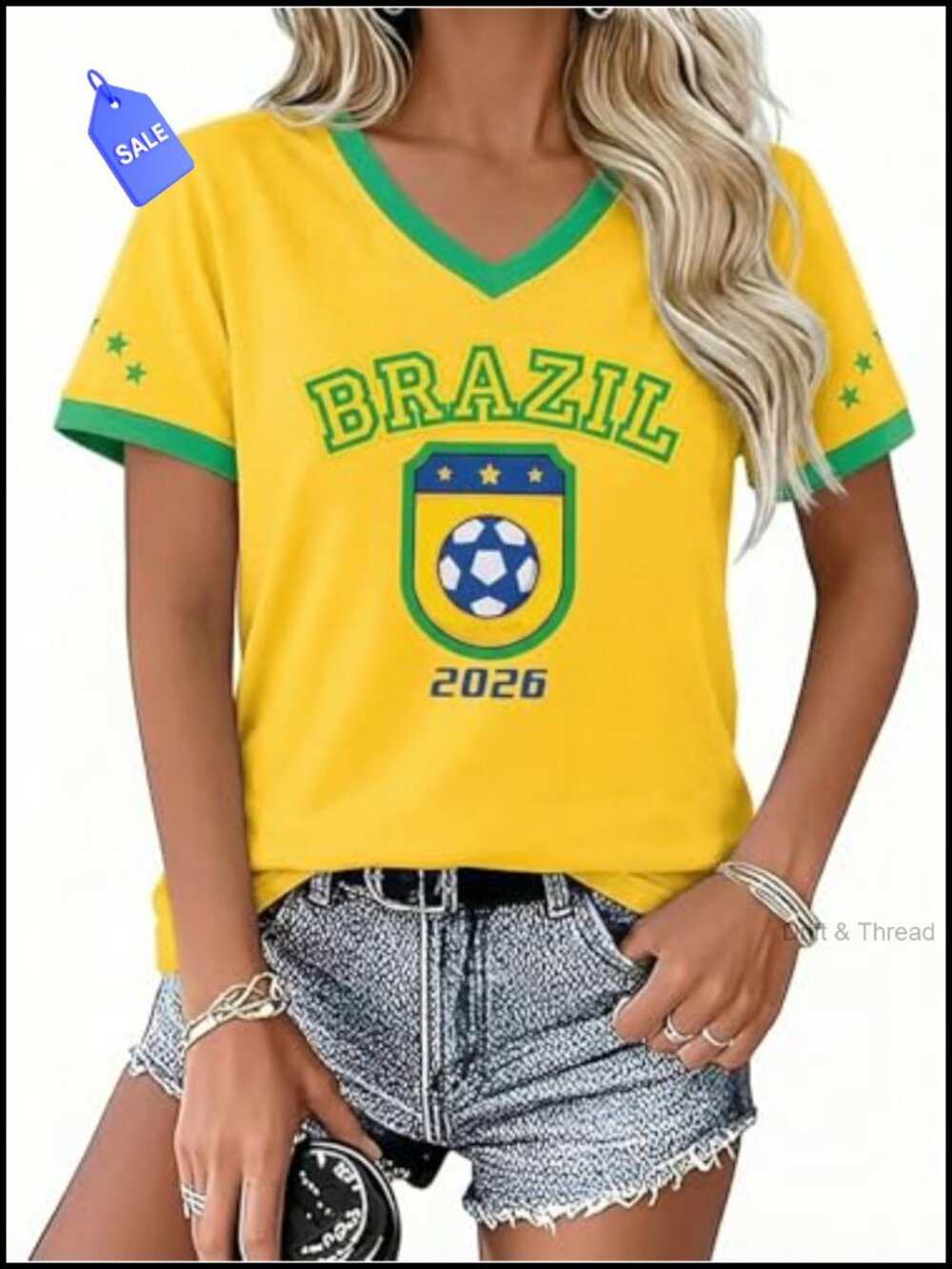 Women's Soccer Graphic V-Neck T-Shirt Cotton Blend Jersey Y2K
